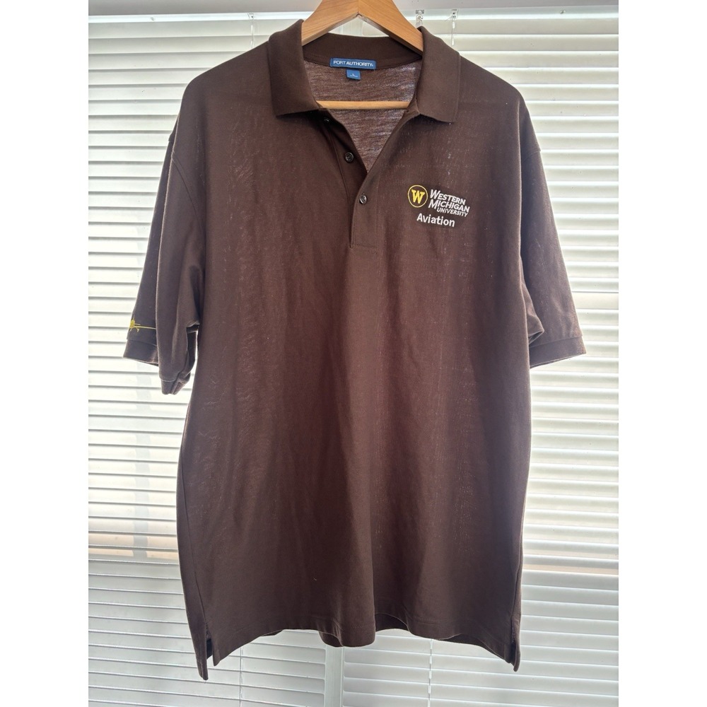 Western Michigan Broncos AVIATION Polo Shirt Men L Brown Gold Logo WMU